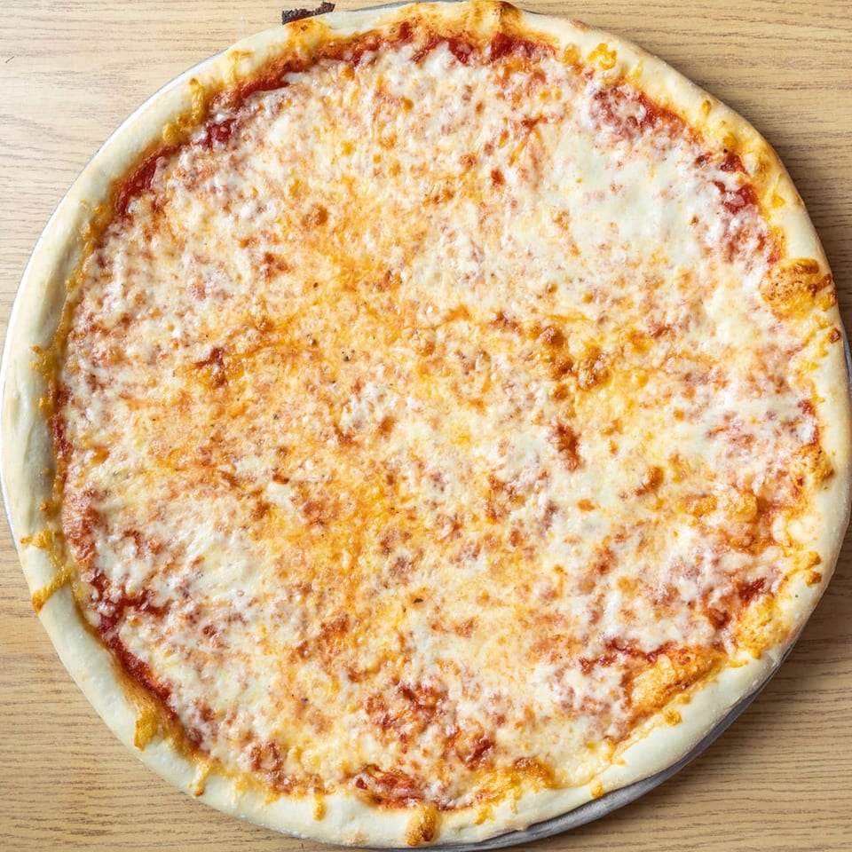 A whole, round Big John's cheese pizza with melted mozzarella and a golden crust.
